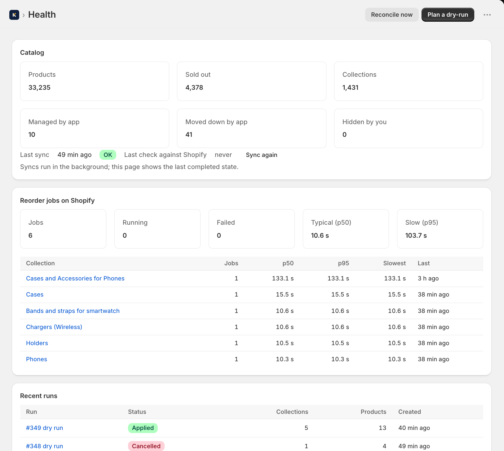 Health: Catalog freshness, drift, and whether the app is keeping up with inventory changes.