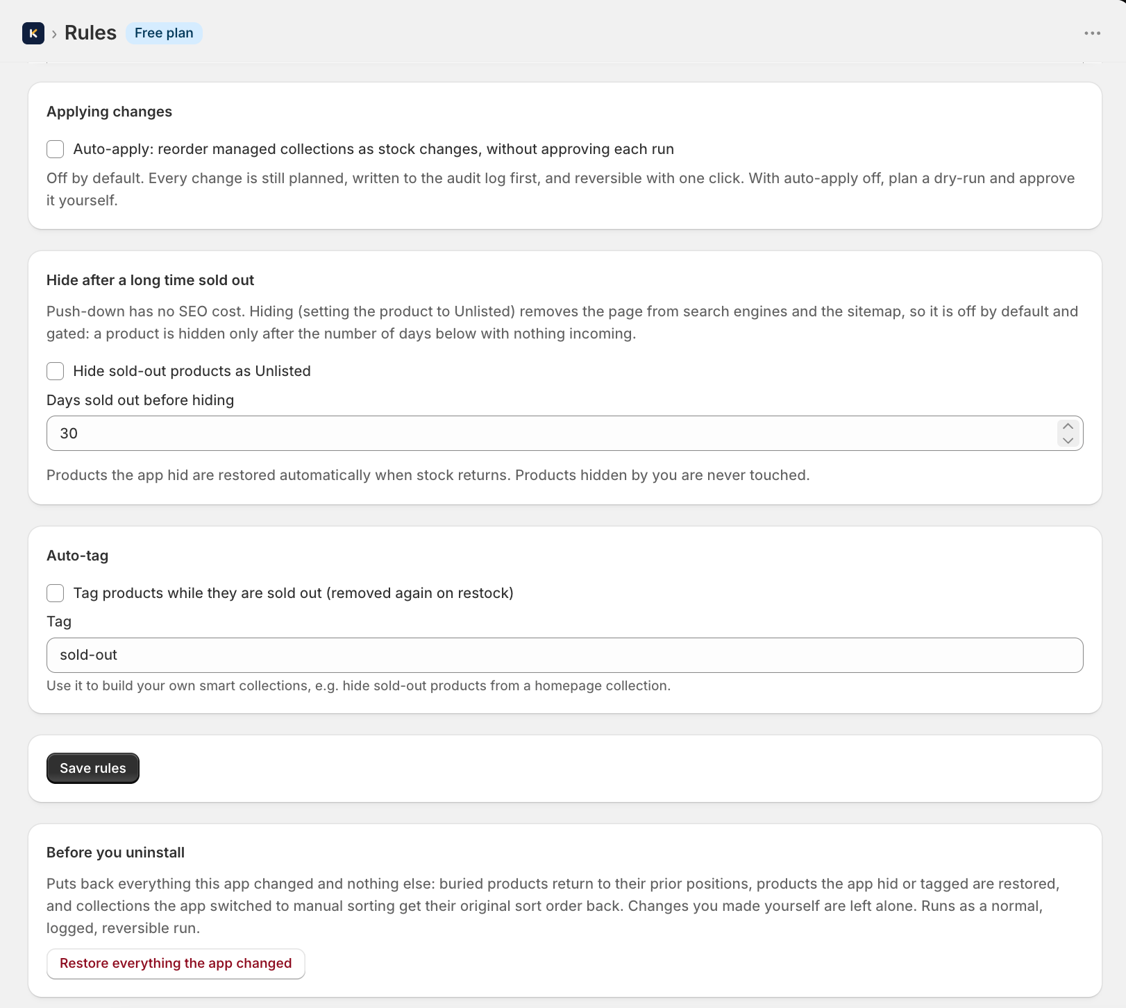 Rules: Eligibility, exclusions, and hide and tag behaviour.