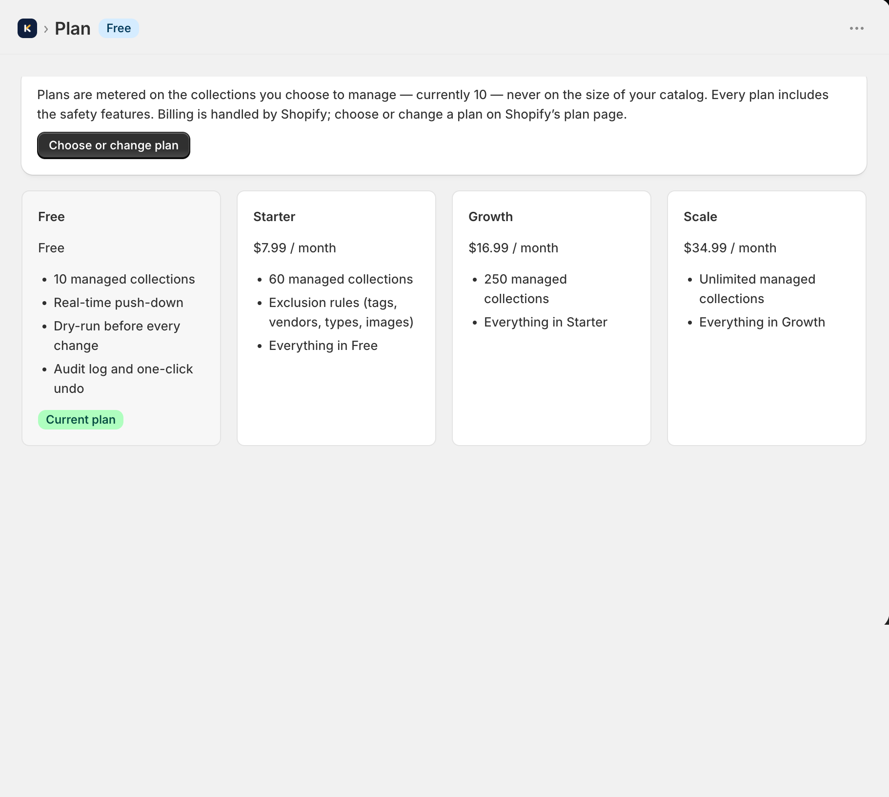 Plan: The current plan and its collection limit.