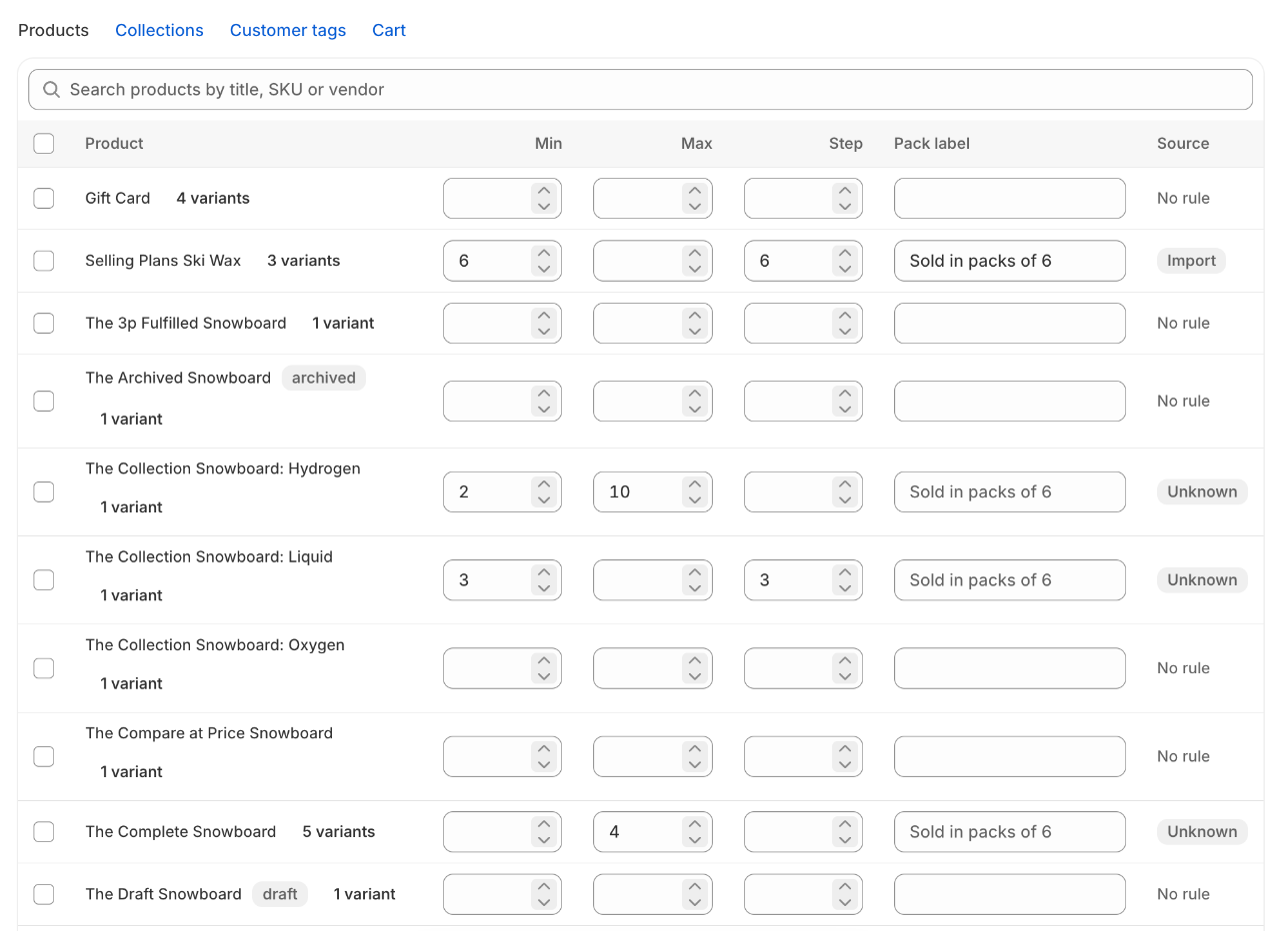 Rules for products: Minimum, maximum, step and pack label per product or variant, edited inline or in bulk, with a badge for rules that came from a CSV import.