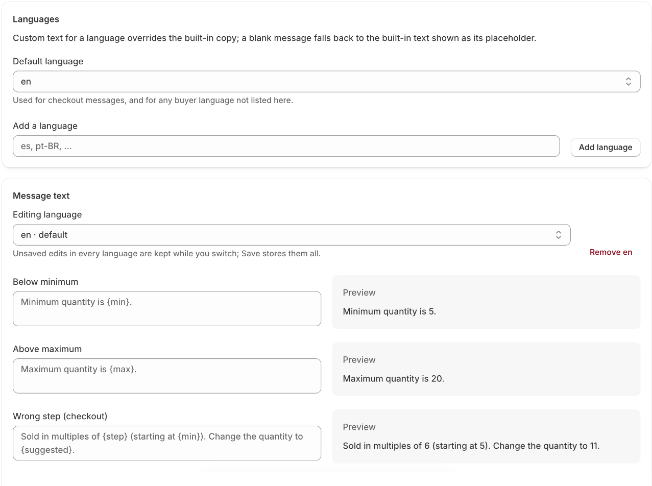 Messages: Every hint, cart notice and checkout message is editable per language, with a live preview beside the field. Defaults ship in English, Lithuanian, German, Polish and French.
