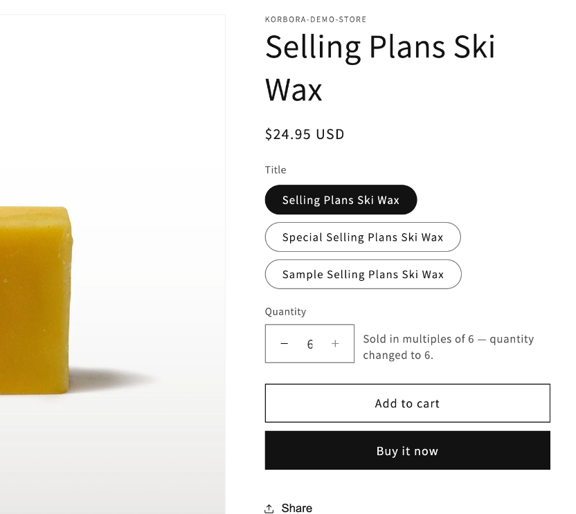Product page: The quantity field shows the pack size and rounds to the nearest valid amount, with a hint that says why. A cart line that no longer fits is corrected the same way.